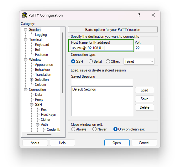 Ingreso de Host en PuTTY